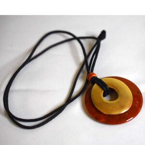 Handmade Poppy Jasper Donut Stone/Gold-Tone Metal Disk Black Cord 28" Necklace